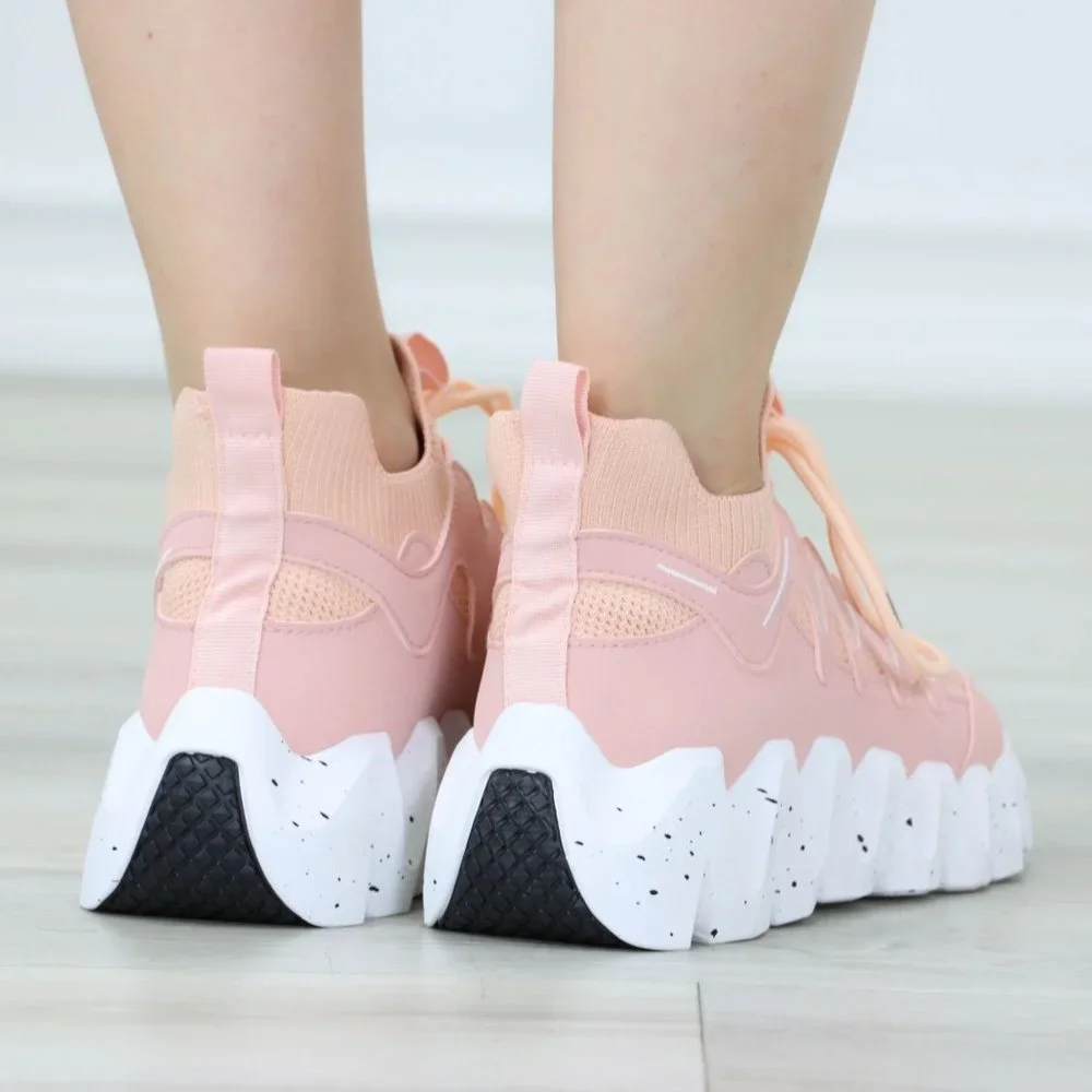 Womens Sock Sneakers Pink Fashion Chunky Heel Snockers Shoes Slip Ons - Picture 7 of 12